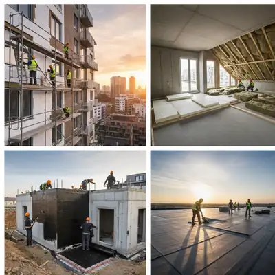 Pastatų, atskirų konstrukcijų ir kt. šiltinimas, hidroizoliacija. Pastatų sandarumo, termoviziniai, akustiniai bandymai